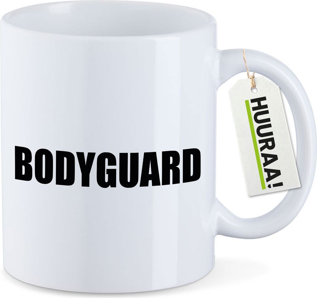 Huuraa Kaffeetasse Bodyguard Schriftzug 330ml Weiß Keramik Kaffeebecher Geschenkidee
