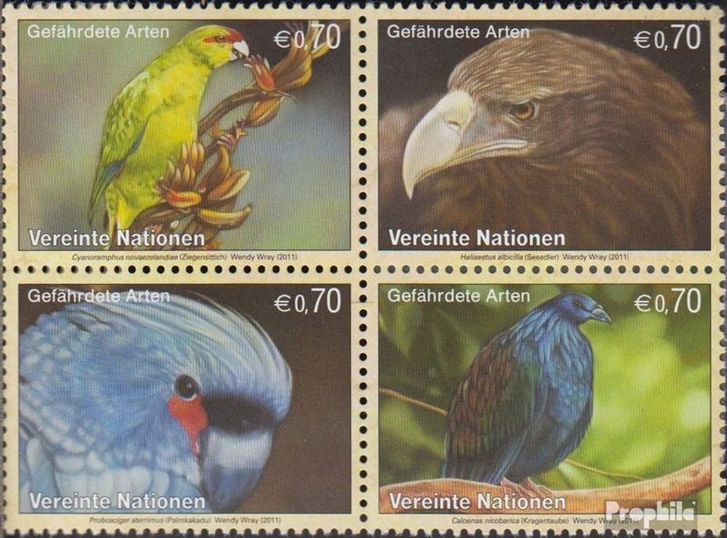 Briefmarken UNO - Wien 2011 Mi 732-735 Viererblock (kompl.Ausg.) gestempelt Vögel