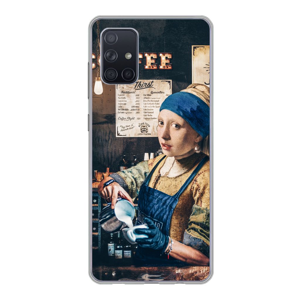 MuchoWow Handyhülle Schutzhülle Hülle für Samsung Galaxy A51 Mädchen mit Perlenohrring - Cappuccino - Barista - Vermeer - Kaffee - Gemälde ...