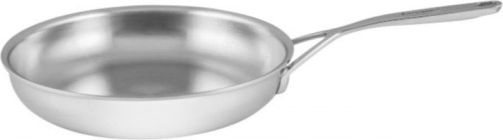 A silver frying pan on a white background.