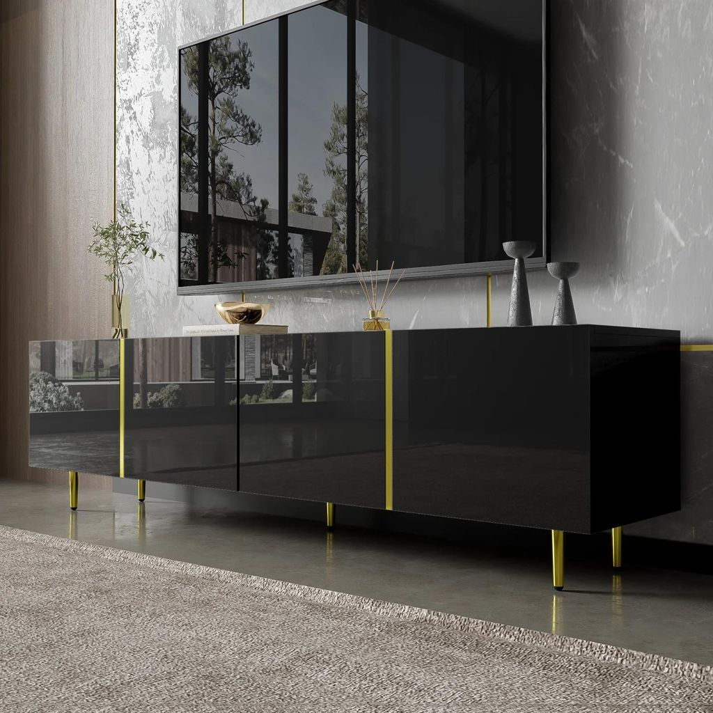 TV-Lowboard - TV-Schrank - Skandinavischer Stil - 4 Türen - Hochglanz - Metall - Zum Selbstaufbau - Wohnzimmer - Schwarz