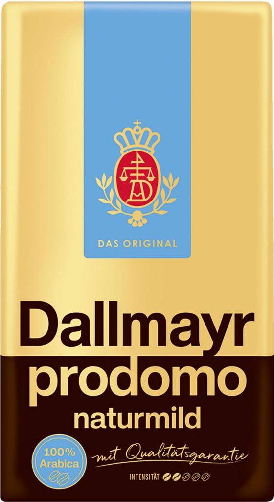 A product shot of Dallmayr prodomo Naturmild coffee packaging.