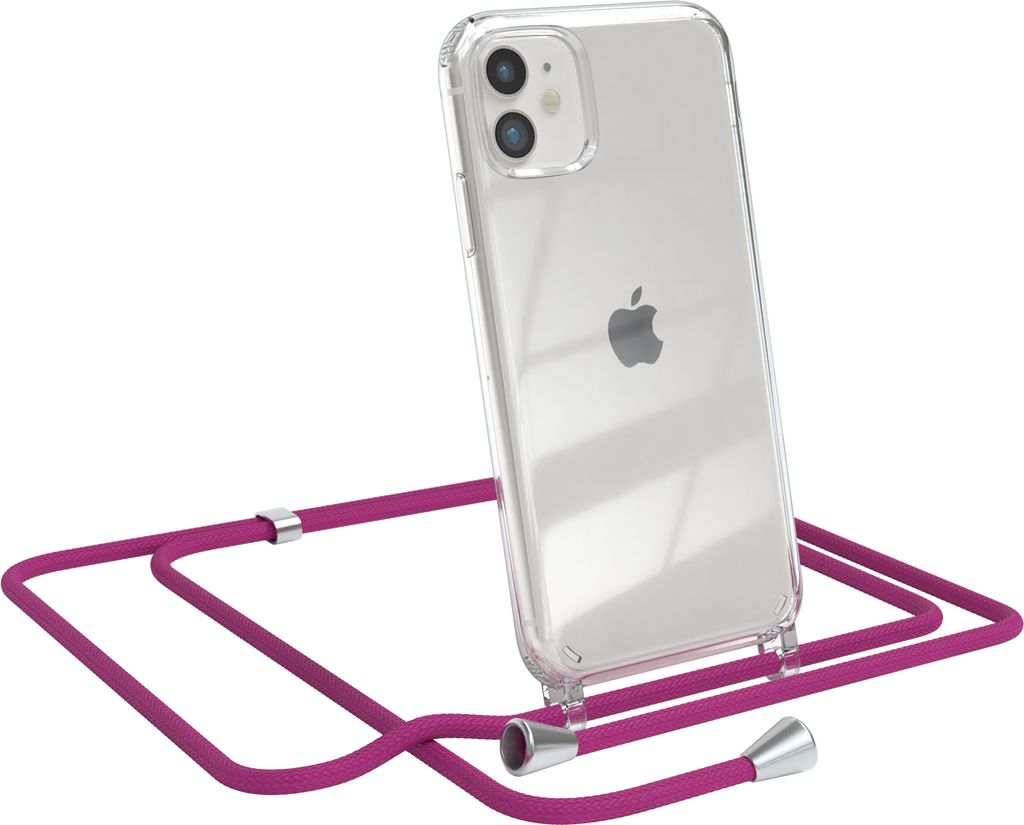 EAZY CASE Handykette kompatibel mit Apple iPhone 11, Handyhülle mit Umhängeband, Handykordel, Schutzhülle Clear, Band in Rosa