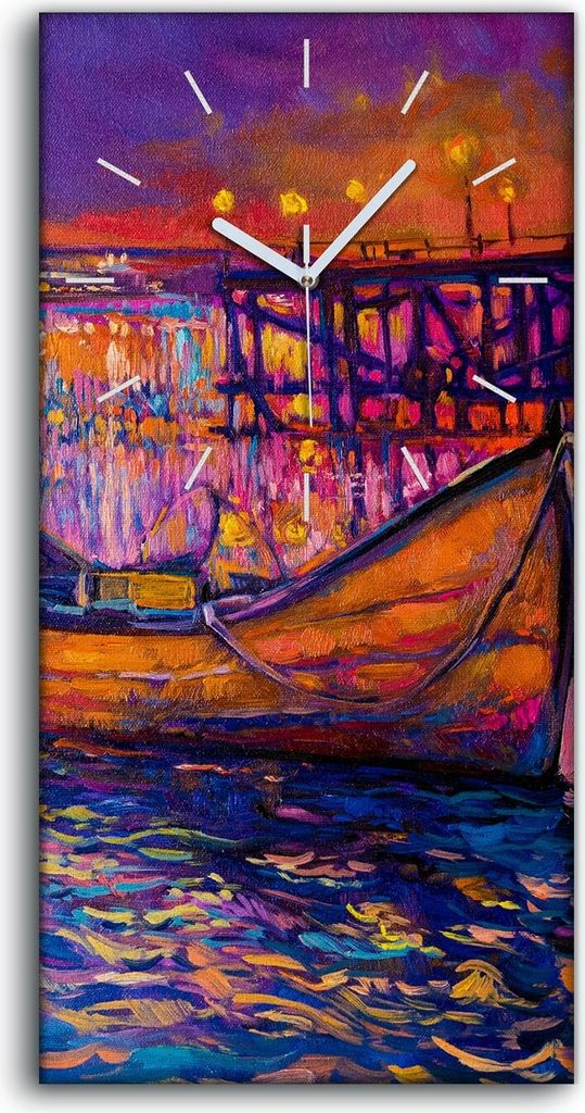 Leinwand Uhr Küche Wohnzimmer Bild 30x60 Kunst Boote Wasser Nacht Brücke Himmel - weiße Hände