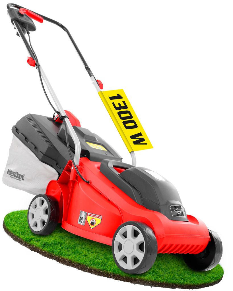 A red electric lawnmower is shown on a patch of artificial grass against a white background.