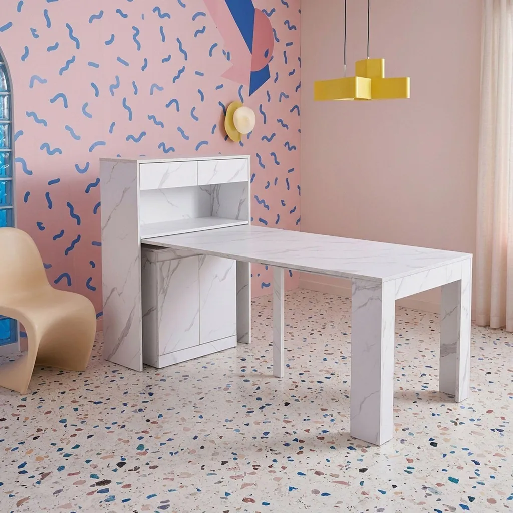 Petite console extensible gain de place avec rangement effet marbre blanc