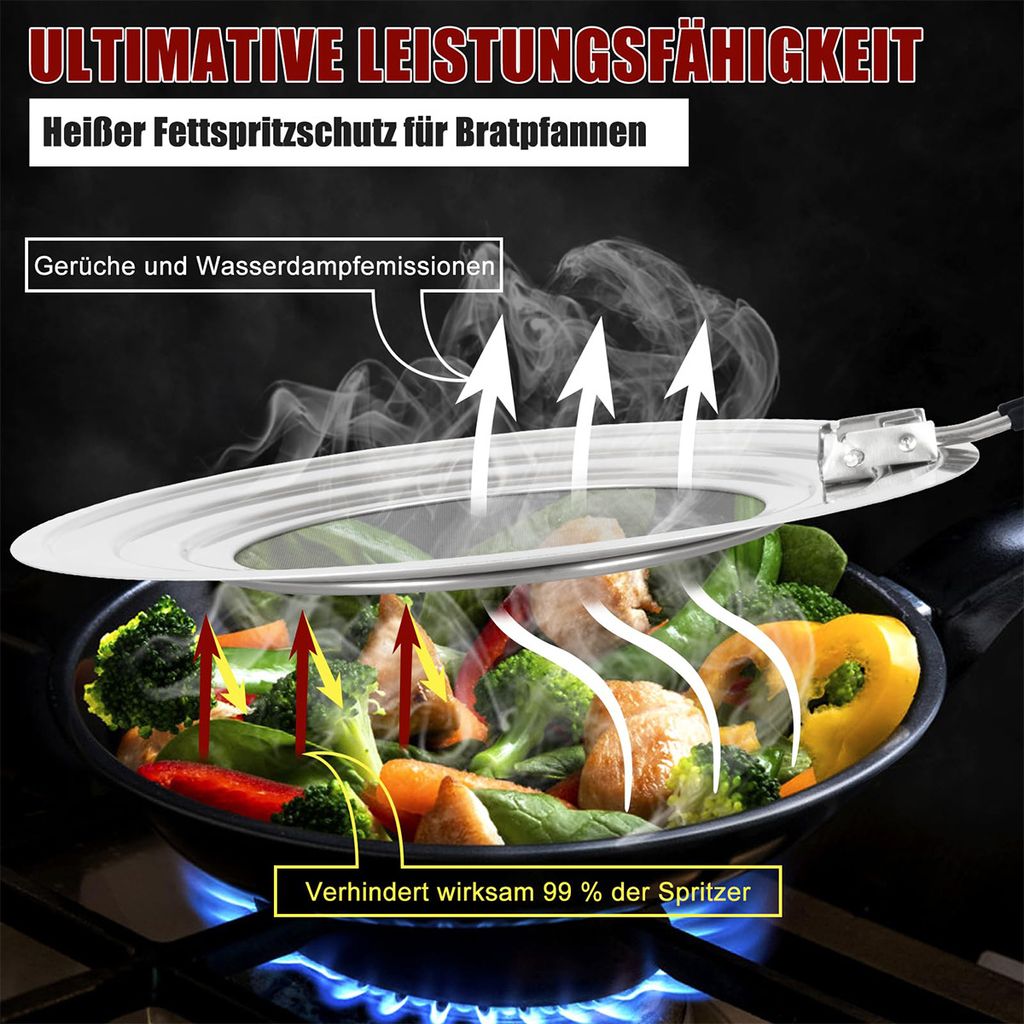 A splatter screen is shown over a frying pan filled with vegetables cooking on a stove.