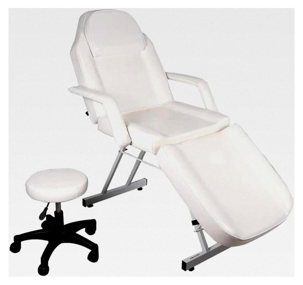 Verstellbarer Massagetisch, zusammenklappbar, aus Kunstleder, mit Hocker, für professionelle Anwendungen und Zuhause (weiß)