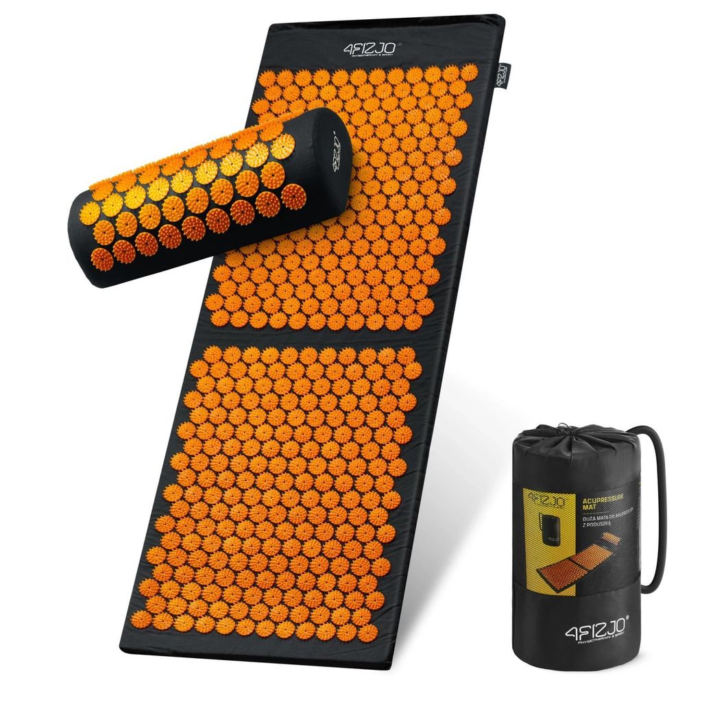 4FIZJO Akupressur-Matte mit Kissen XL – klassische Akupressur, inklusive Tragetasche - schwarz-orange