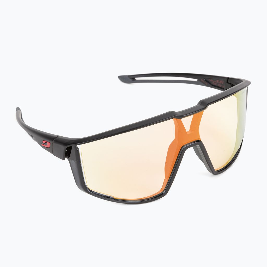 A pair of black and orange sports sunglasses with yellow lenses, shown against a white background.