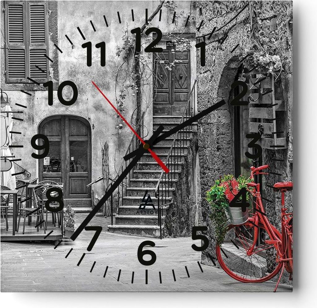 Wanduhr - Quadrat - Glasuhr - Rot Fahrrad Allee - 30x30cm - Schleichendes Uhrwerk - Lautlos - zum Aufhängen bereit - Dekoration Modern - Wanddekor...