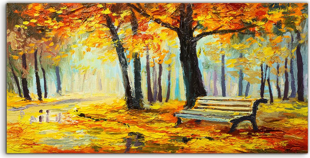 Coloray - Glasbild - 120x60 cm - Wandbild - Glasbilder - Park Bäume Herbst Wald Landschaft Bank