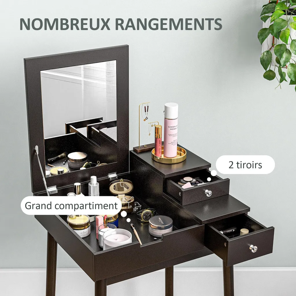 Coiffeuse noire 2 tiroirs miroir pliable table maquillage 60x50x85,5cm