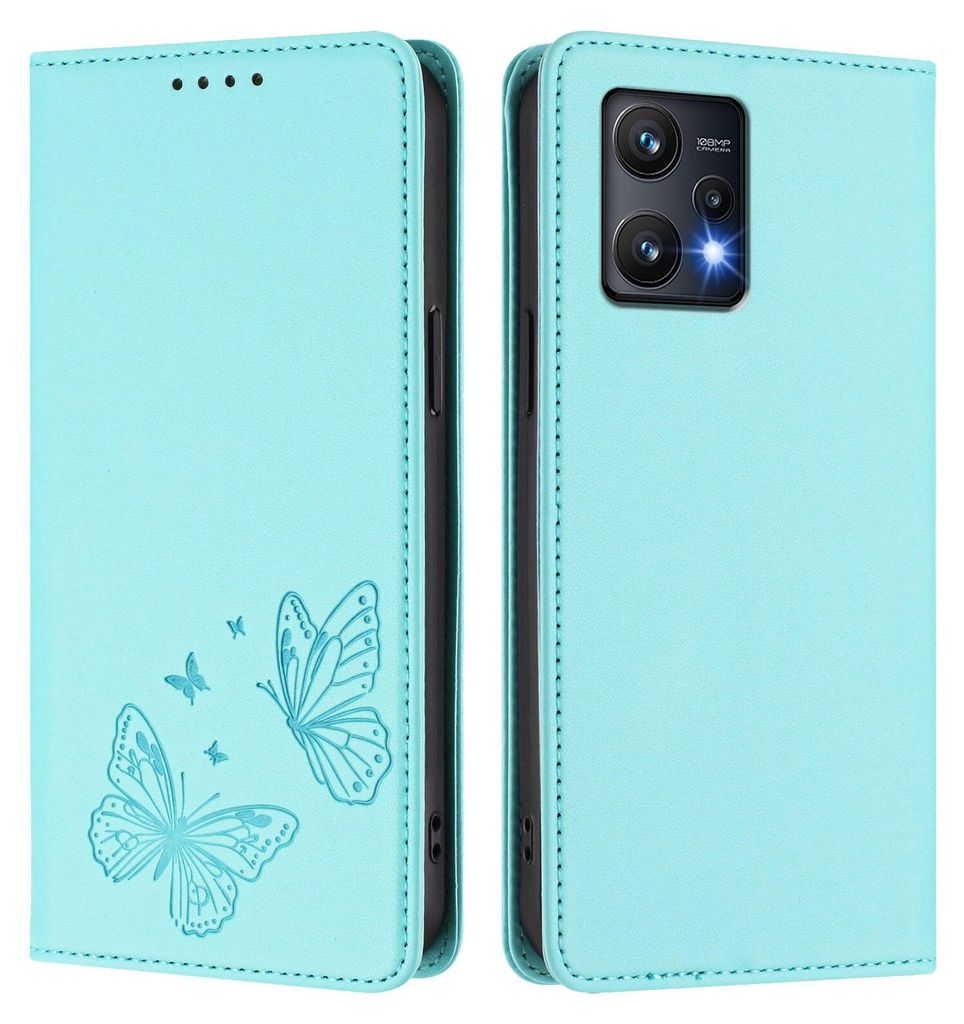 Lederhülle für Realme 9 Pro 5G, Schmetterling Prägung Leder Brieftasche Schutzhülle mit Ständer Türkis