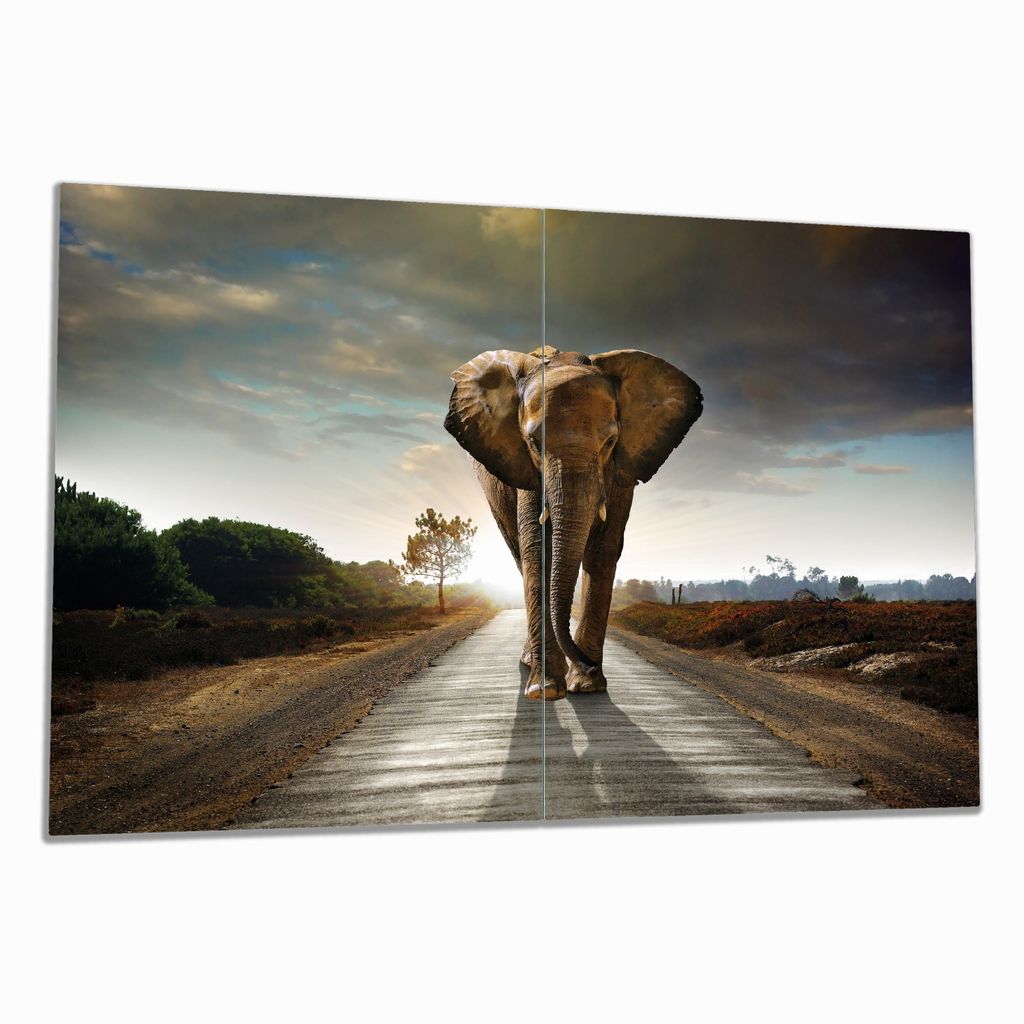 Wallario Herdabdeckplatte aus Glas, Größe 80 x 52 cm 2-teilig, Motiv Elefant bei Sonnenaufgang in Afrika