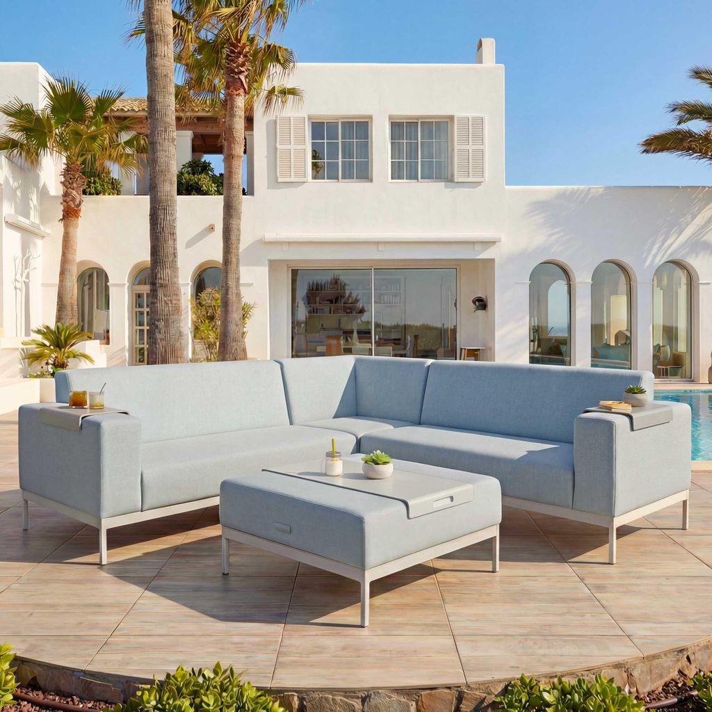 Alu-Garten-Garnitur MCW-C47, Sofa, Outdoor Stoff/Textil blau mit Ablage, ohne Kissen