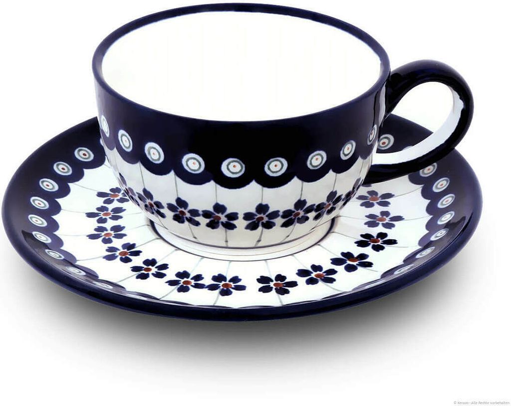 Original Bunzlauer Keramik Kaffeetasse Teetasse Ø9,8 cm klassisch 200 ml mit Unterschale Ø16 cm im Design 166a