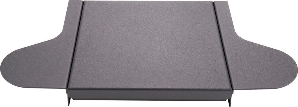 A dark gray storage tray with extended side panels, viewed from a slightly elevated front angle.