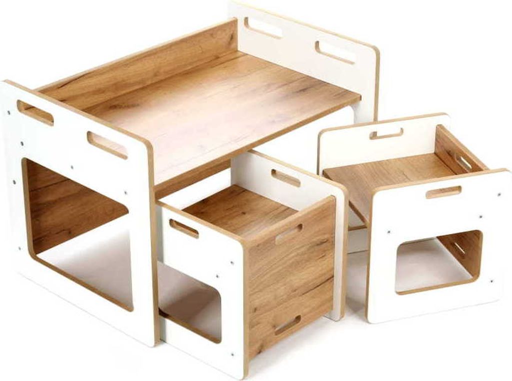 Stolek se 2 židlemi 3v1 bílý/dub montessori Obrázek produktu 