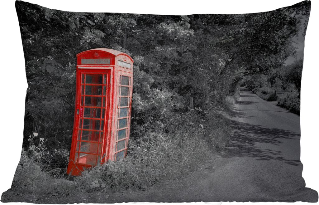 MuchoWow Outdoor Kissen - Schwarz-Weiß-Foto einer roten und britischen Telefonzelle im Vereinigten Königreich - 60x40 cm - Wetterfest - Lounge ...