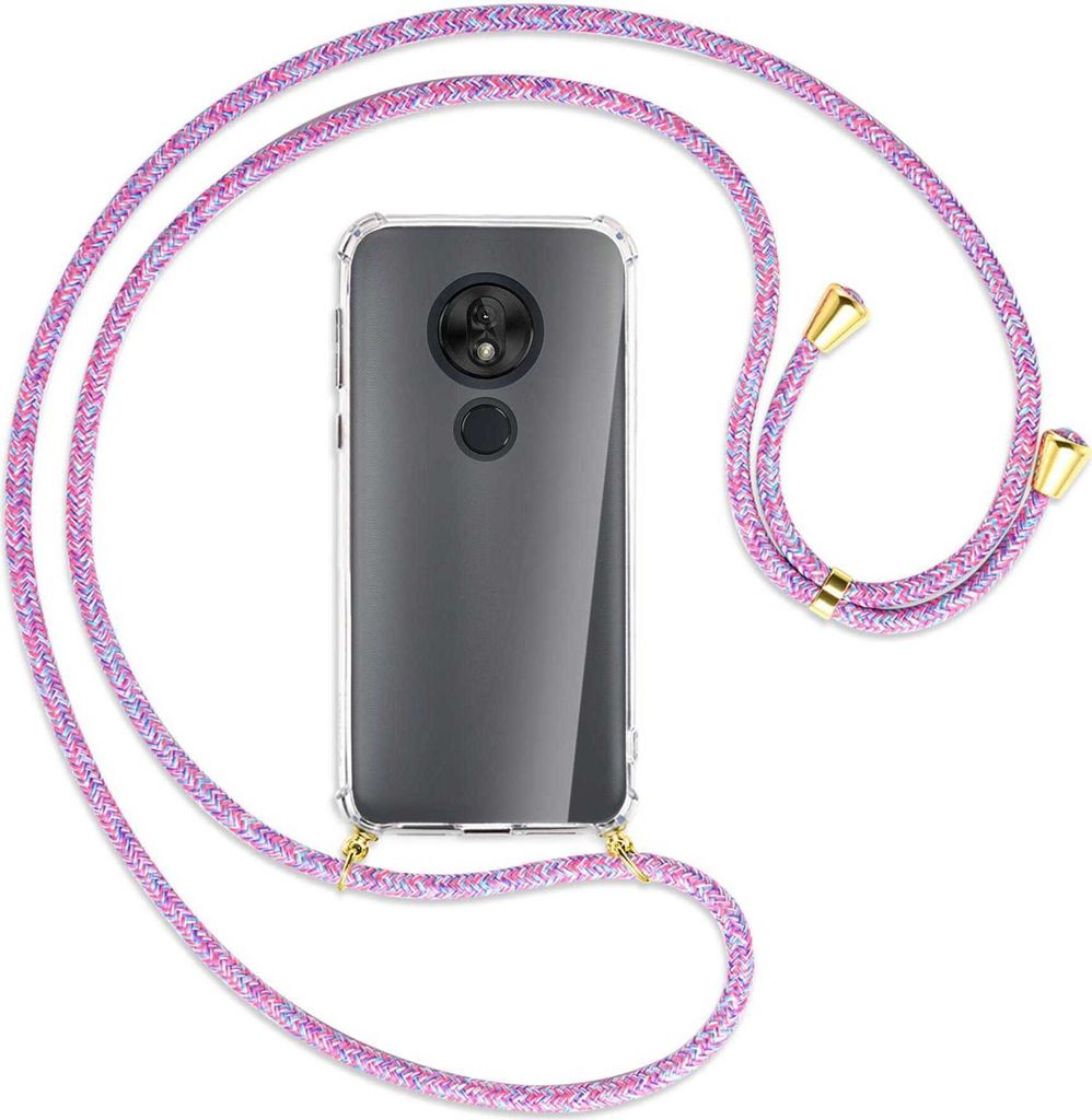 Handykette Backcover-Schutzhülle mit Band (Metall goldfarben) für Motorola Moto G7 Play - lila/rosa/blau