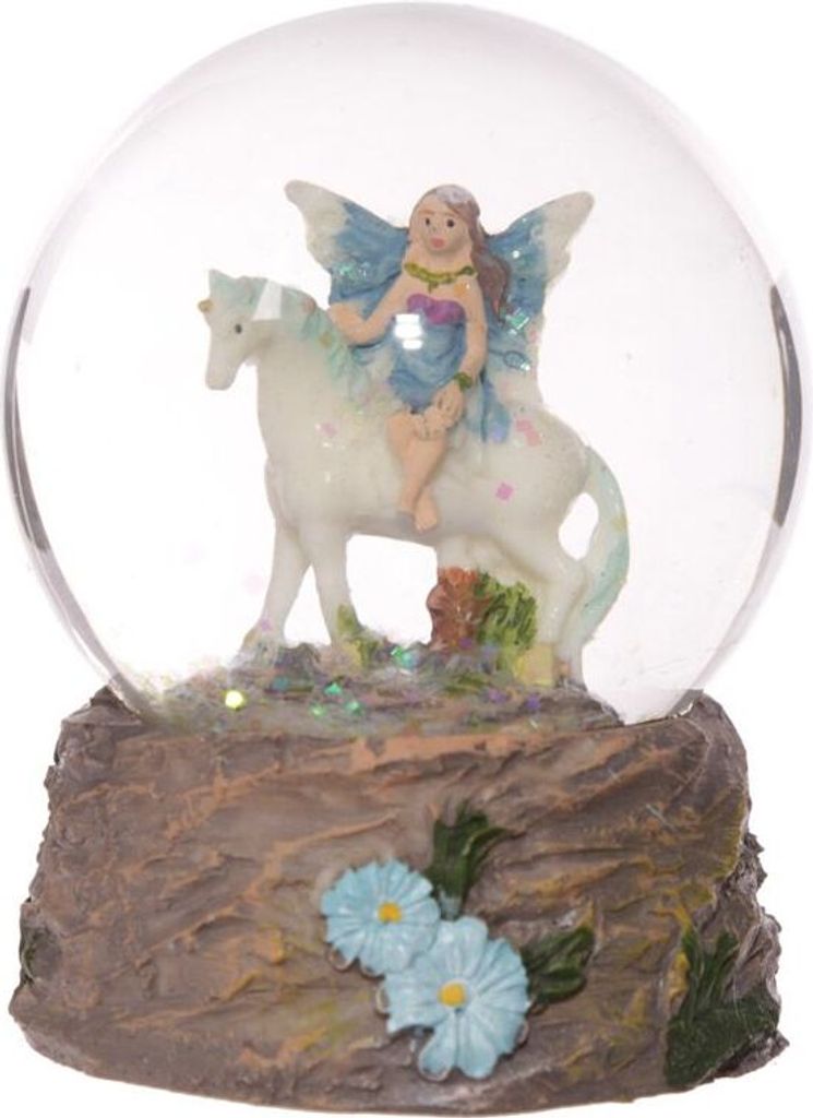 Glitzerkugel Elfe auf Einhorn, blaue Blumen, Schneekugel Produktbild 