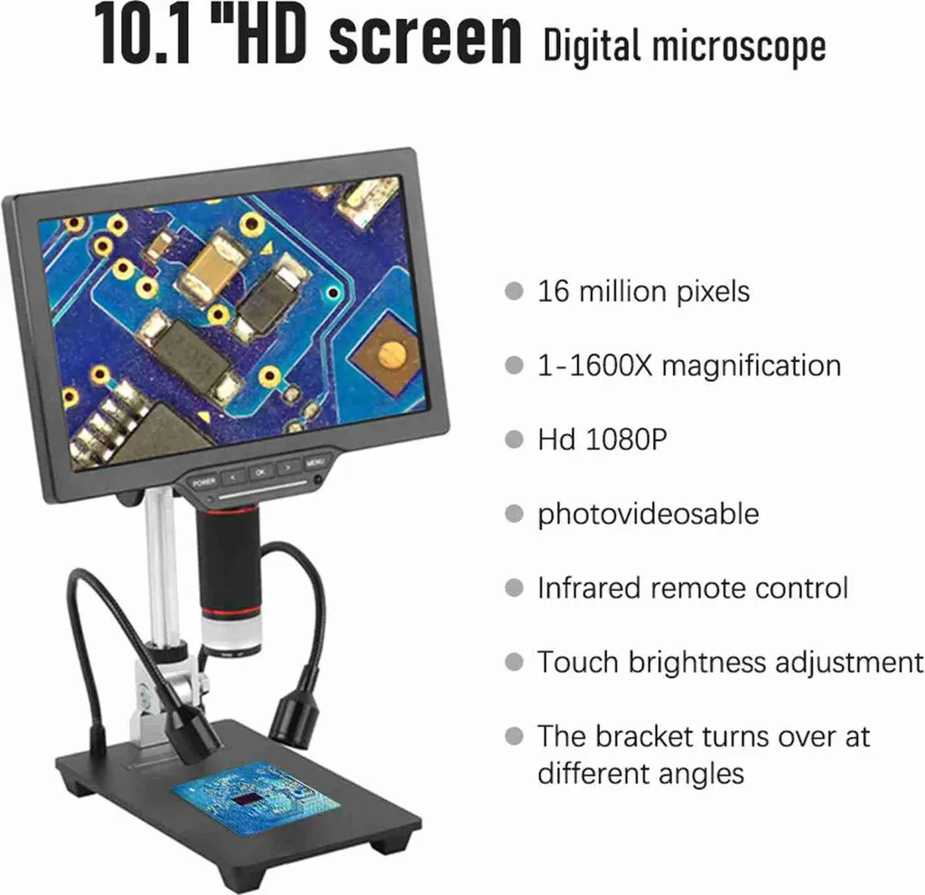 Microscope USB 1600X à écran tactile 10,1 pouces 16MP et télécommande IR - 2