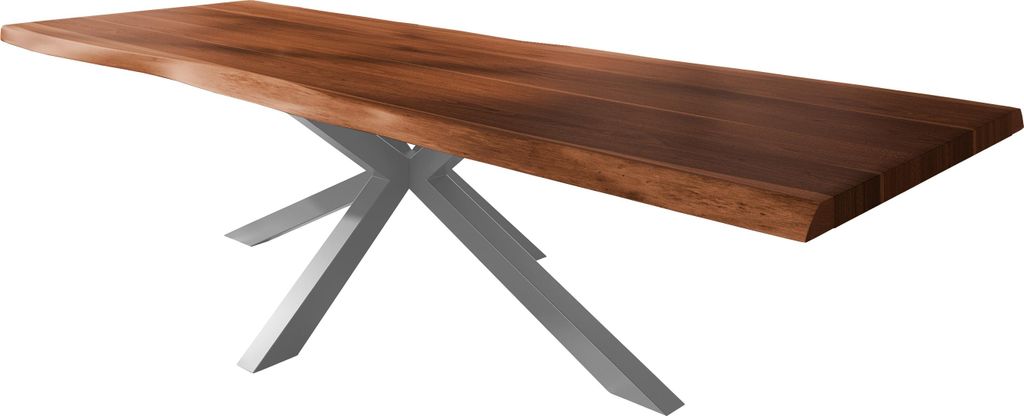 Esstisch Baumkante massiv Akazie nussbaumfarben 350 x 120 Spider-Gestell Metall silber TITAN