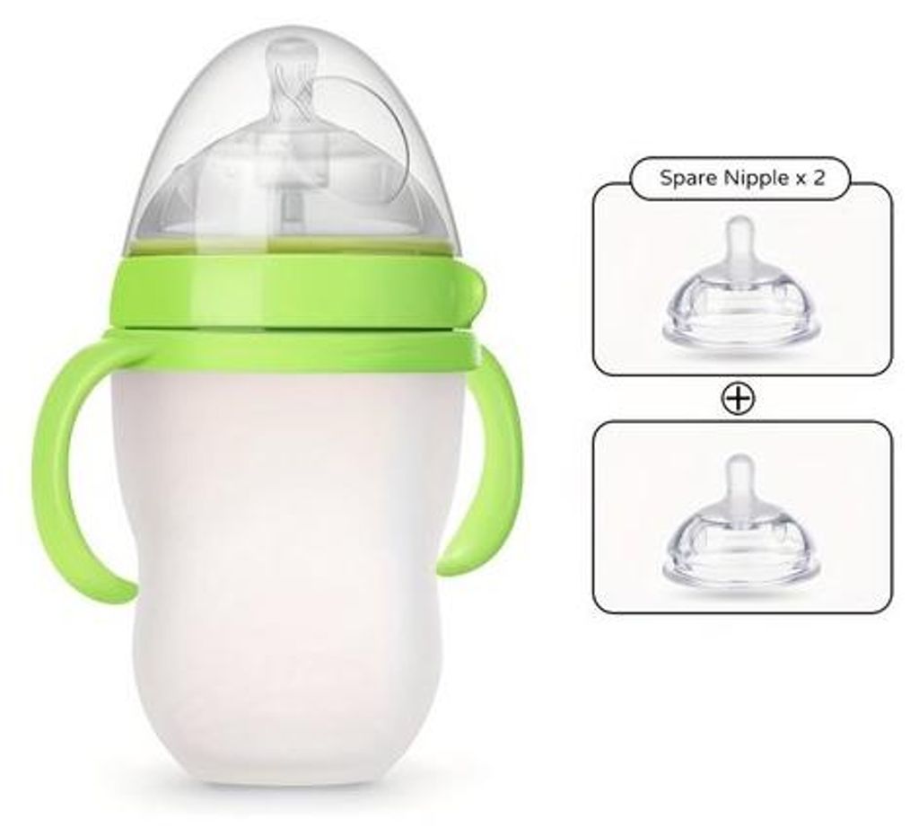 Silikon Babyfleischbecher 250 ml, grün, Gewichtsreduktion, inkl. 2 Ersatz-Milchflaschen