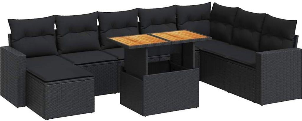 9-tlg. Garten-Sofagarnitur mit Kissen Schwarz Poly Rattan