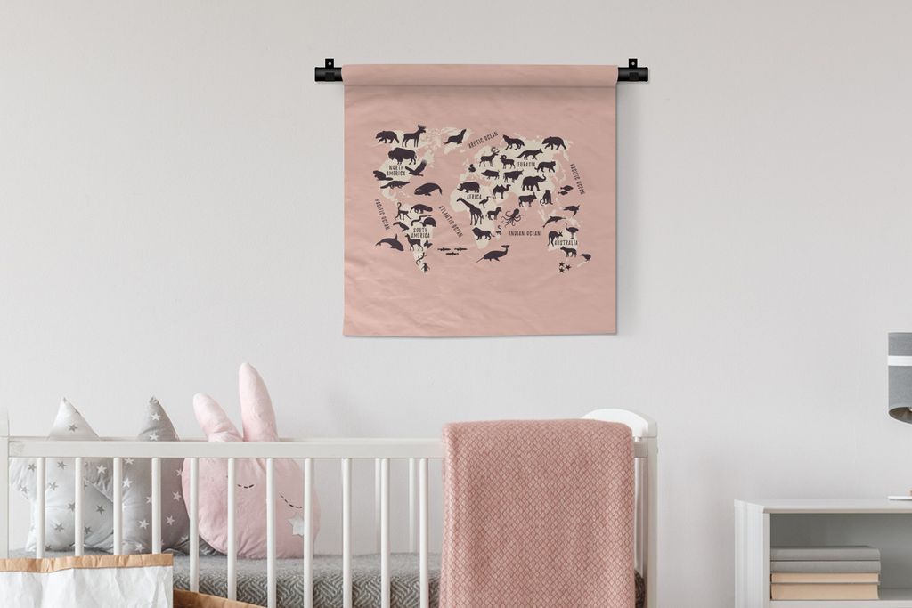 MuchoWow Wandteppich Wandbehang Weltkarte Kinder - Rosa - Tiere 60x60 cm Tapisserie Dekoration Wandtuch - Dekorationen - Wand Decke