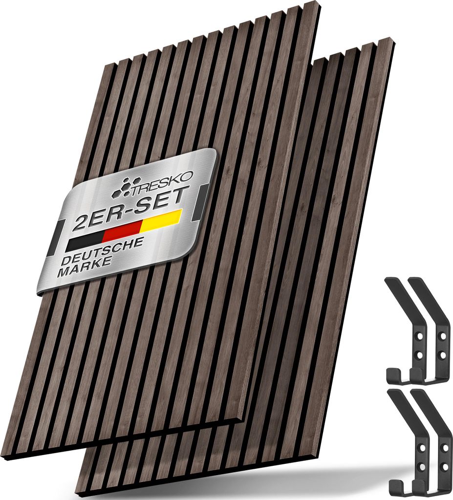 TRESKO 2 Stück Akustikpaneele Holz 120×60 cm inkl. 4x Kleiderhaken | Wandverkleidung Nussbaum als 3D Lamellenwand | Holzpaneele Paneele für Sc...