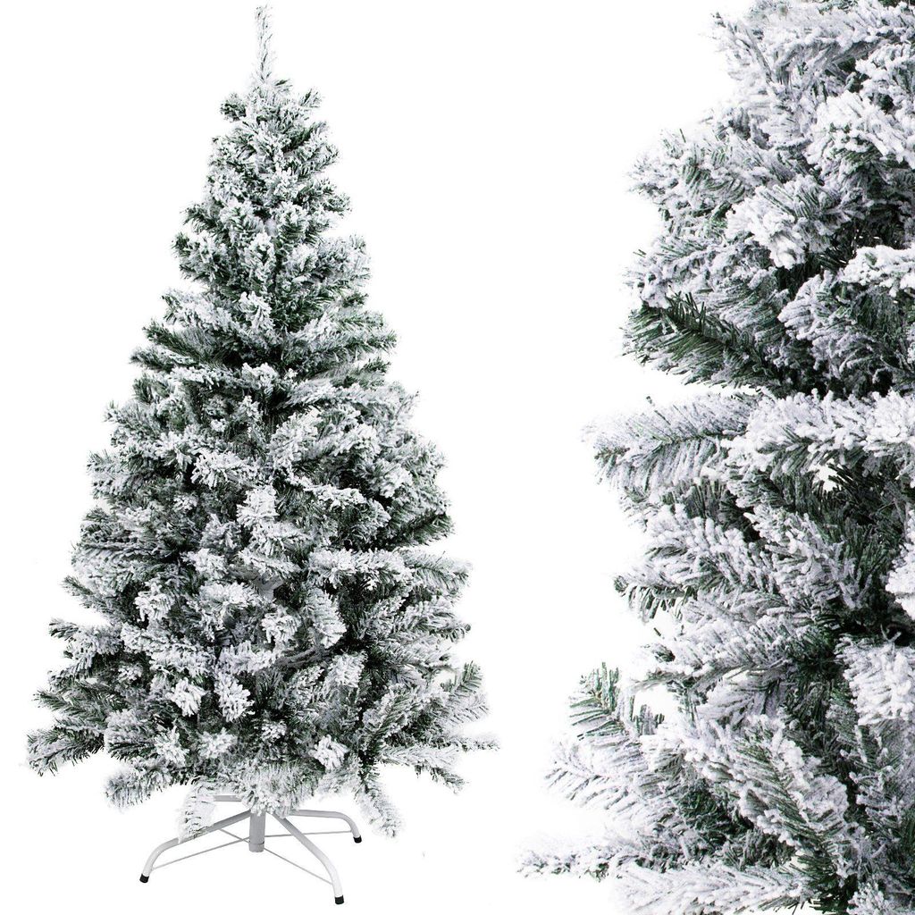 A flocked artificial Christmas tree with a white metal stand, shown against a white background.