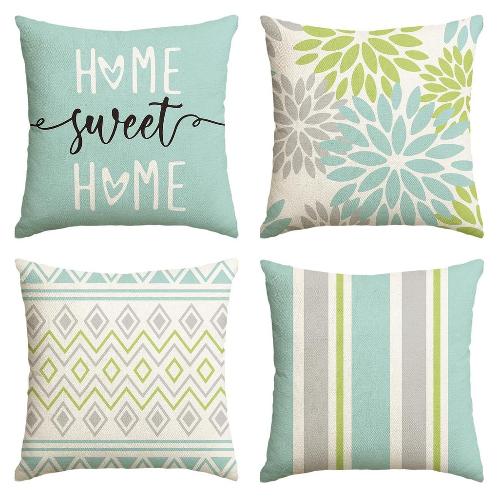 Grüne Dahlien-Kissenbezüge mit geometrischem Muster, 4er-Set, 50x50 cm, dekorative Kissenbezüge für den Frühling, geeignet für Sofa, Wohnzimm...