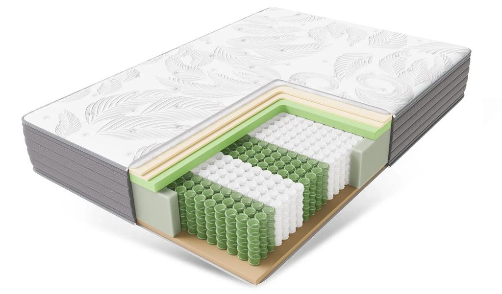 A cutaway view of a mattress showing its internal layers.
