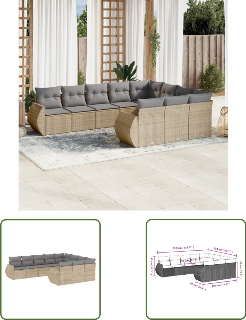 The Living Store 10-tlg. Garten-Sofagarnitur mit Kissen Beige Poly Rattan