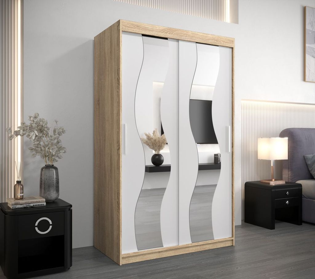 Kleiderschrank mit Spiegeln MARGIT – Breite 120 cm, Sonoma-Eiche / Weiß