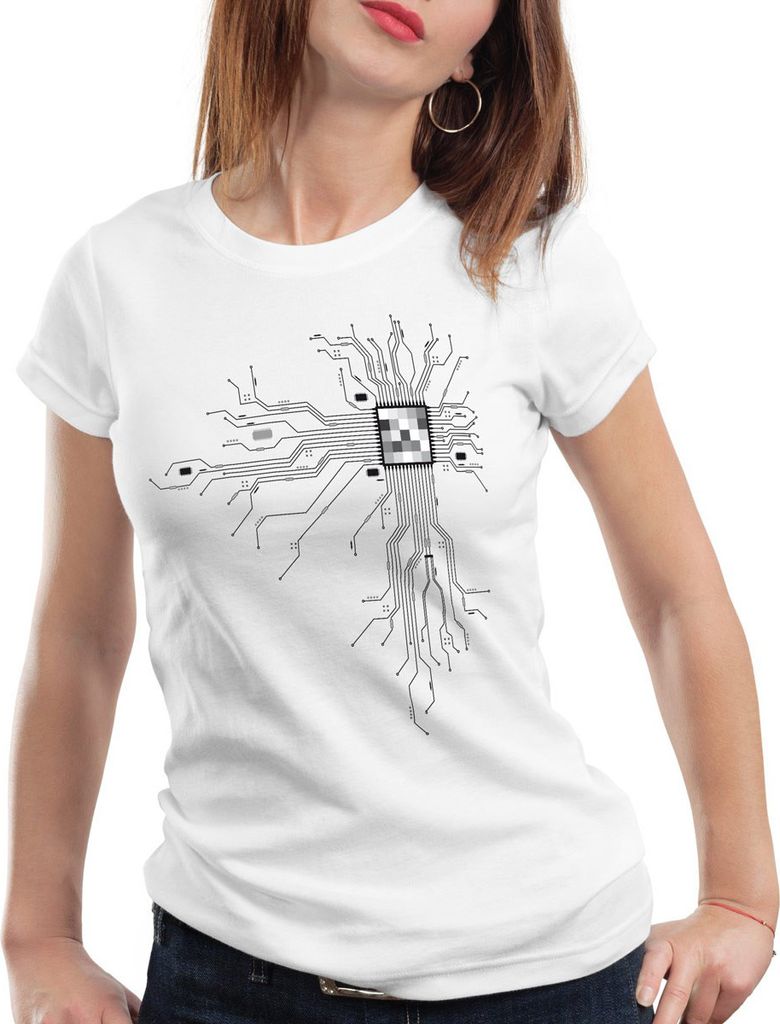 style3 Cyborg Computer Chip Damen T-Shirt, Farbe:Weiß, Größe:XS