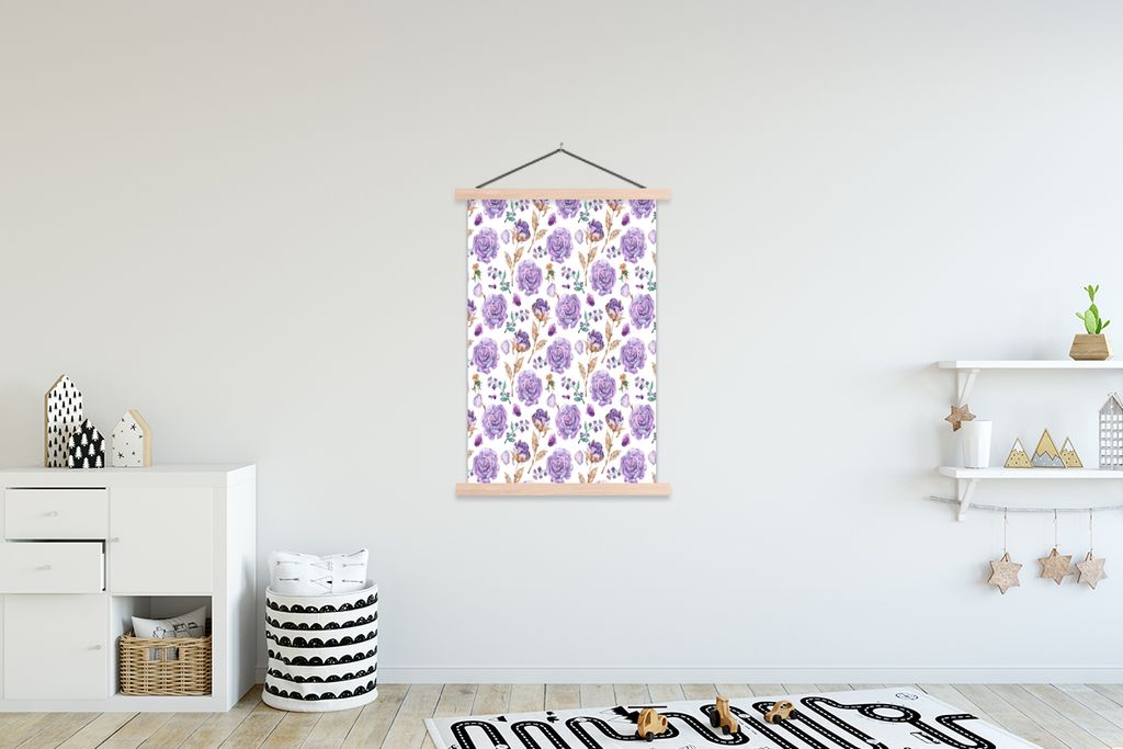 MuchoWow Textilposter Blumen - Rosen - Muster 120x180 cm mit holzfarbenen Rahmen - Textil-Plakat