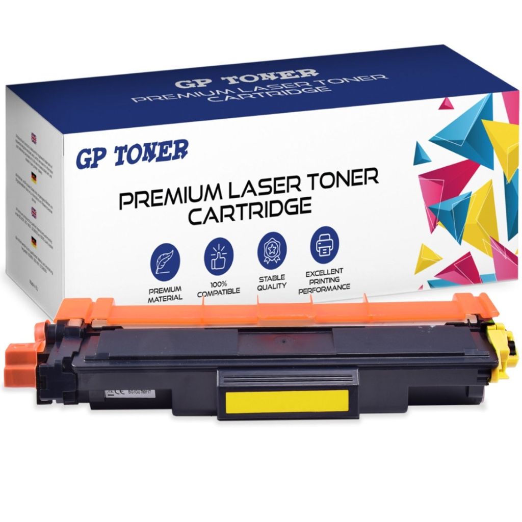 A yellow toner cartridge and its packaging are shown against a white background.