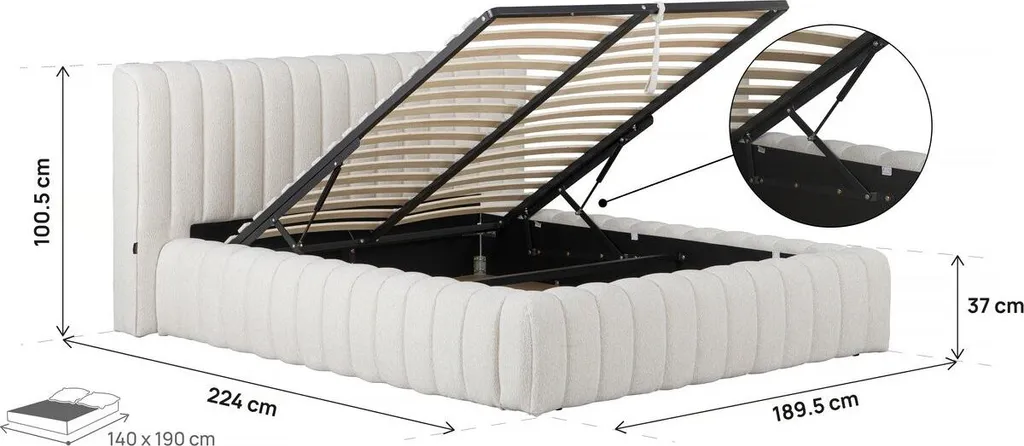 Lit double 140x190 avec coffre Tignes beige pour optimiser l'espace