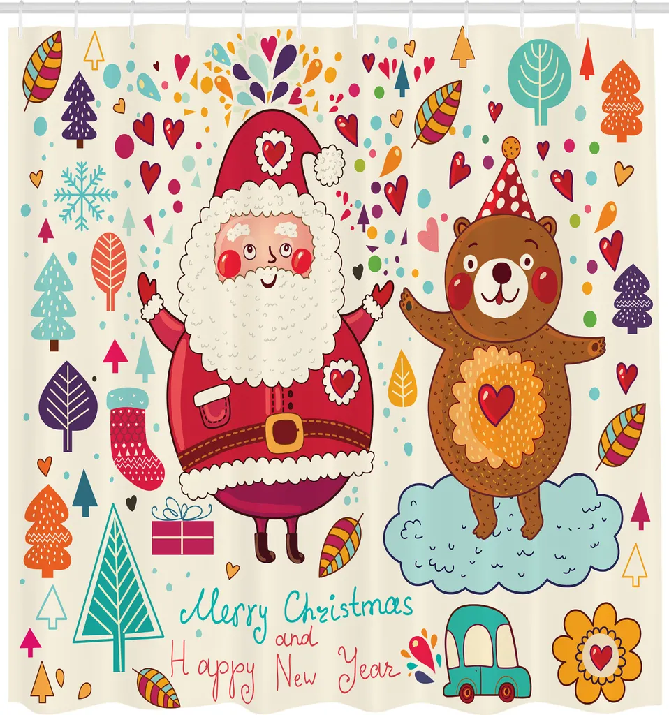 Tenda Doccia Natale ABAKUHAUS Vintage Babbo Natale e Orsetto 175x200