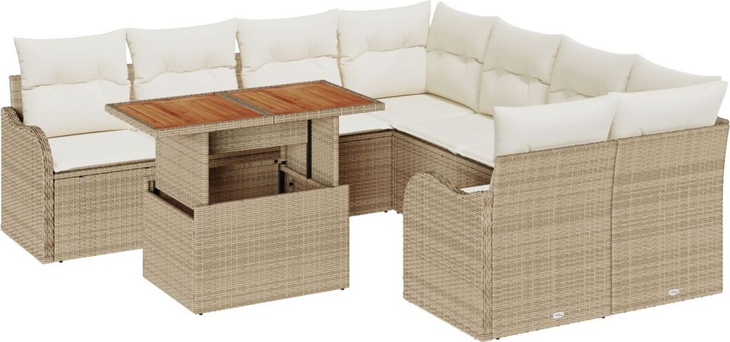 Möbel 9-teiliges Garten Sofa Set mit Kissen Beige Poly Rattan, 2-Sitzer Garten Sofa mit Stauraum & Kissen Beige Poly Rattan - Gartensofas 3358178