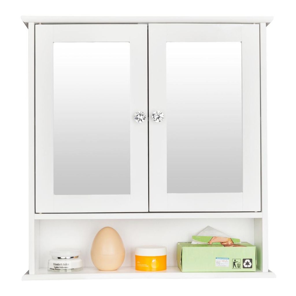 A white bathroom cabinet with two mirrored doors and an open shelf below, displaying various cosmetic items.