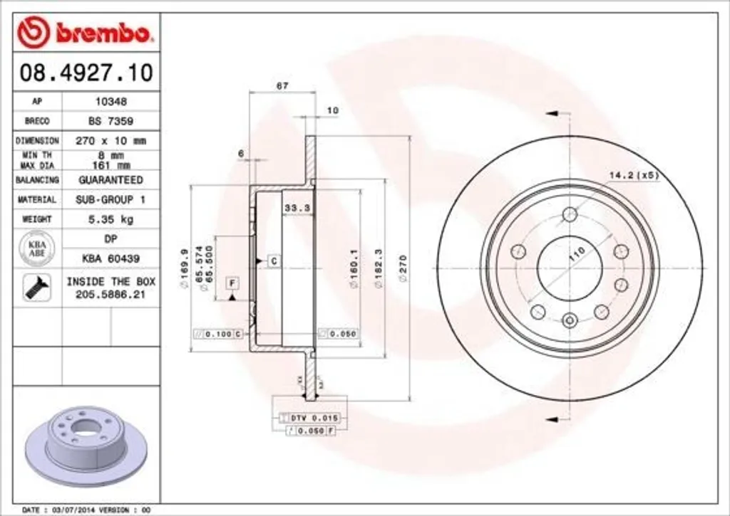 BREMBO 08.4927.10 Jeu de 2 Disques de Frein Arrière Haute Performance