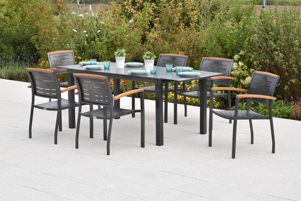 Merxx "Tinos" Gartenmöbel Set 7tlg., 6 Stapelsessel, Ausziehtisch 150 (200) x 90 cm, Aluminium