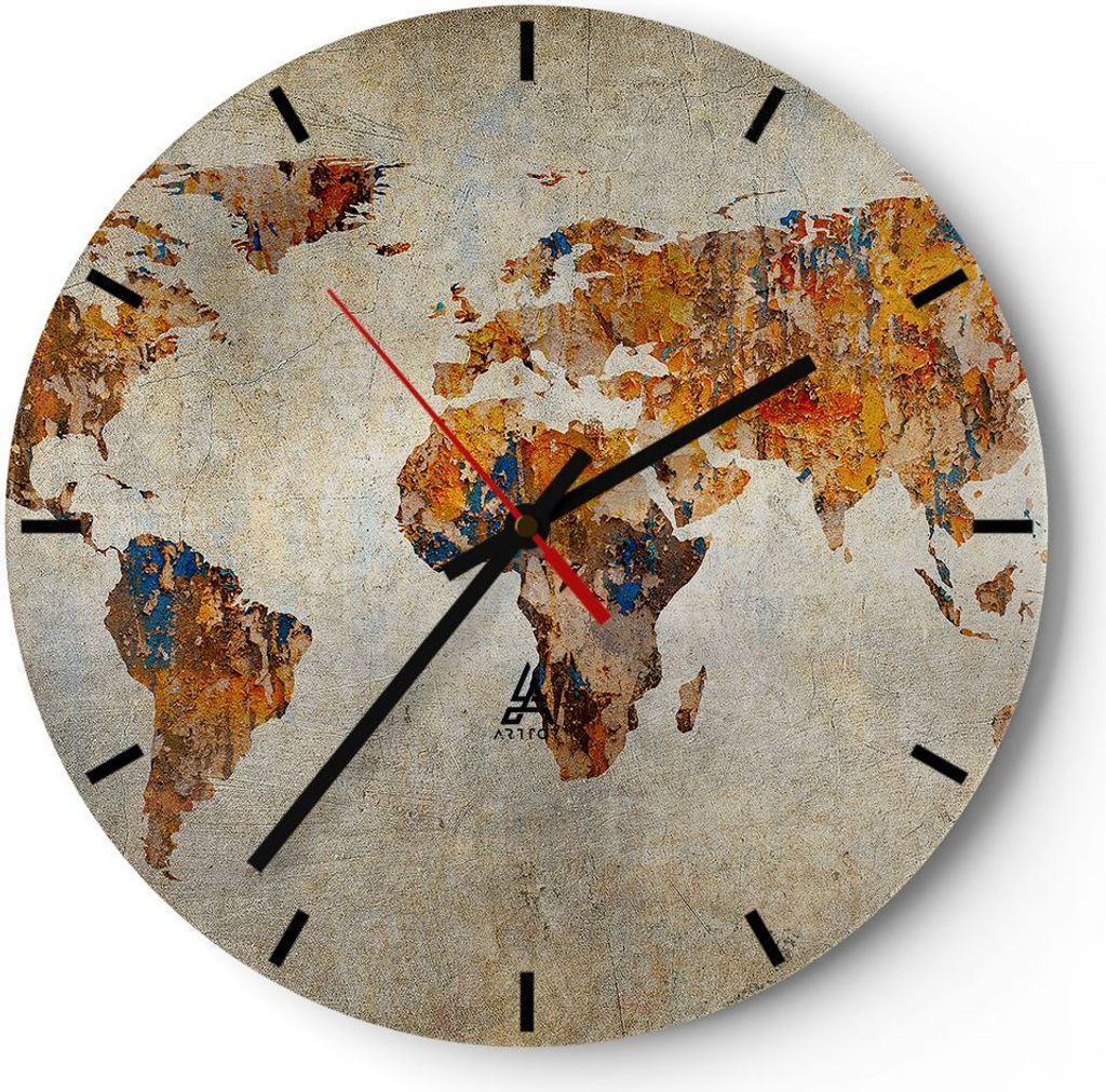 Wanduhr - Rund - Glasuhr - Welt Karte Kontinente Geographie - 30x30cm - Schleichendes Uhrwerk - Lautlos - zum Aufhängen bereit - Dekoration Modern...