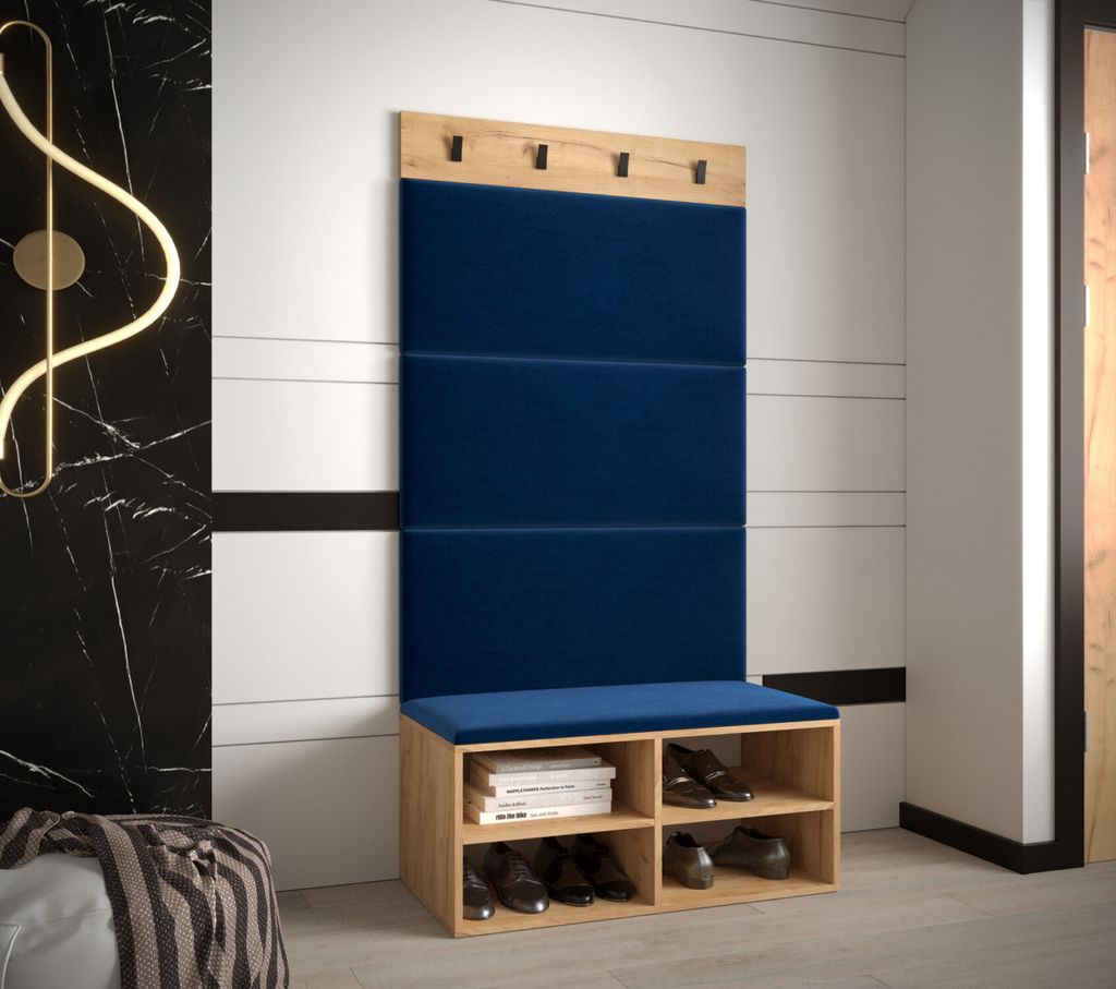 Schuhschrank mit gepolsterten Paneelen HARRISON – Eiche gold, blaue Paneele