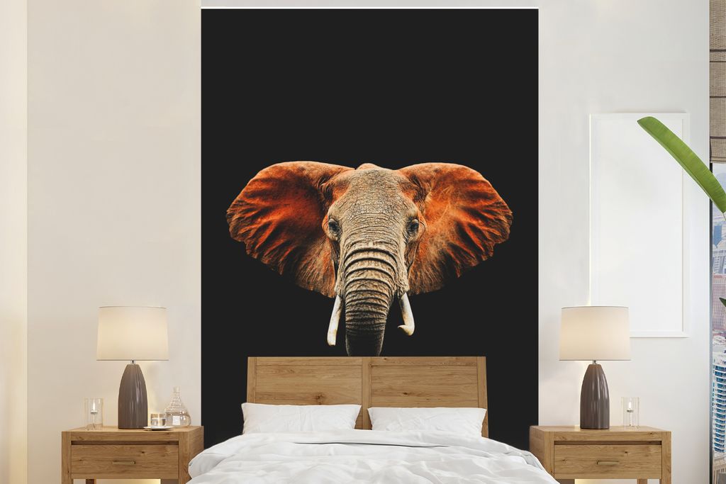 MuchoWow Fototapete für Wohnzimmer oder Schlafzimmer Wandtapete Vinyl Motivtapete Elefant - Schwarz - Kopf - 225x350 cm - Schlafzimmer tapete