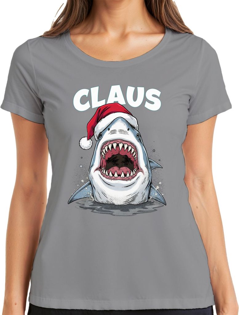 CLAUS Weihnachten Haifisch Weihnachtsmütze Hai Film Parodie Damen T-Shirt, Grau, XXL